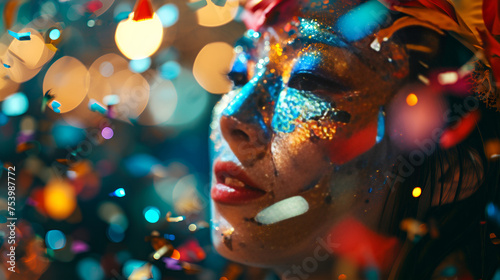 carnival mask on the background, Carnival Party Venetian Mask With Abstract Defocused Bokeh Lights And Shiny, Woman in typical carnival costume in the streets celebrating the festival party concept © saeed