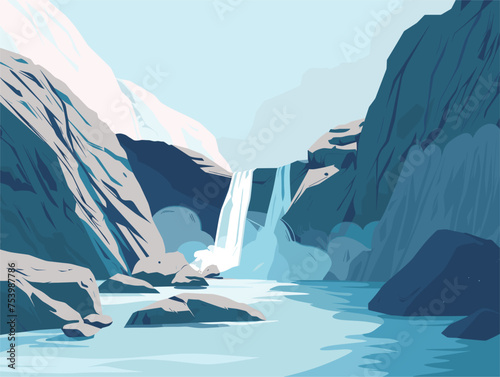 Waterfall cascades among rocks and mountains in a river
