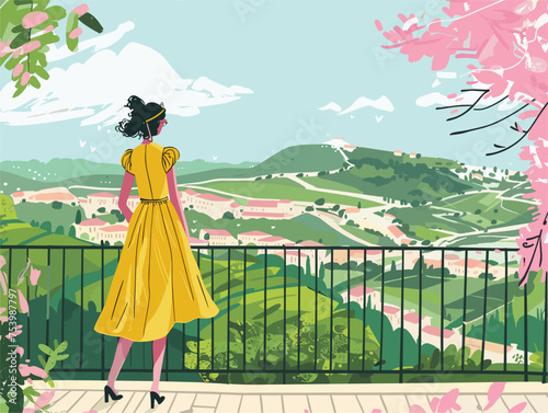 a woman in a yellow dress is standing on a balcony overlooking a city
