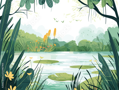 A tranquil painting of a lake with lush greenery under a blue sky