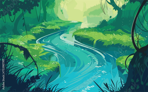 An art piece depicting a river winding through a verdant forest landscape