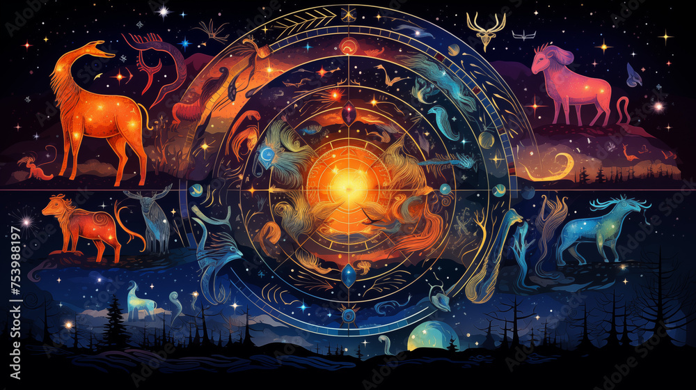 Cosmic Ruminations: A Tapestry of Zodiac Symbols - obrazy, fototapety, plakaty 