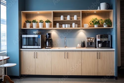 High-Tech Startup Office: Sleek Kitchenette & Coffee Bar Ideas for Convenience photo