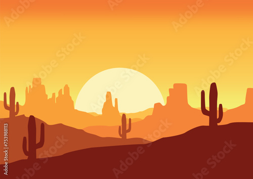 Panoramic view of the desert in America. Vector illustration in flat style.