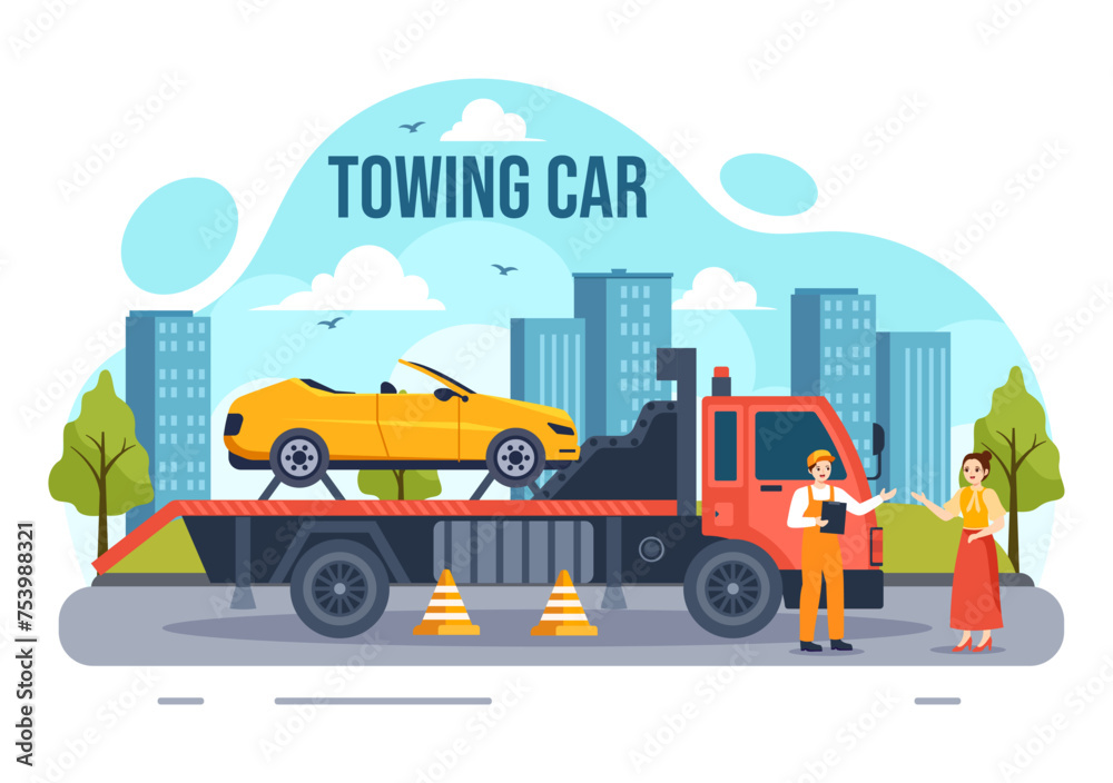 Auto Towing Car Vector Illustration Using a Truck with Roadside Assistance Service for Various Vehicles in Flat Cartoon Background Design Auto Towing Car Vector Illustration Using a Truck with Roadside Assistance Service for Various Vehicles in Flat Cartoon Background Design
