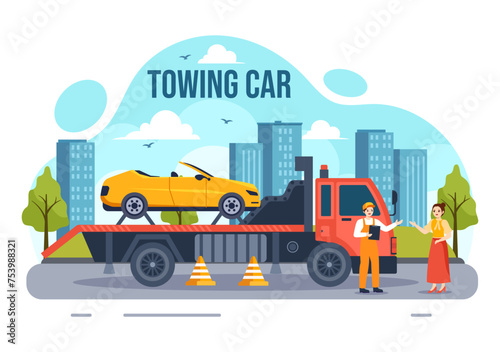 Auto Towing Car Vector Illustration Using a Truck with Roadside Assistance Service for Various Vehicles in Flat Cartoon Background Design