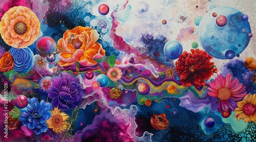 Floral and Celestial Fusion in a Surreal Abstract Artwork
