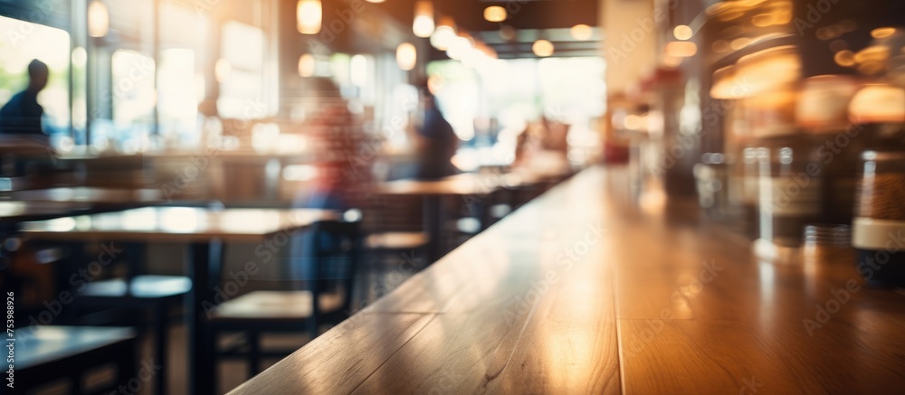 A blurry image showing a table and chairs in a bustling cafe or restaurant setting. The chairs are pushed in, suggesting recent use, and the table is set for dining.