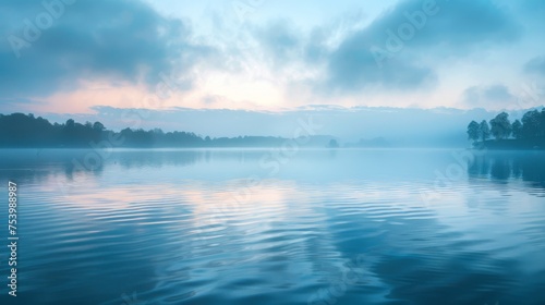Rippling water azure and morning mist white, tranquil lakeside dawn