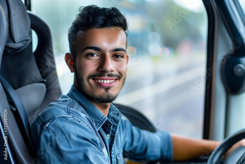 Bus driver, young entrepreneur smiling at the wheel of a bus with copy space © Simn