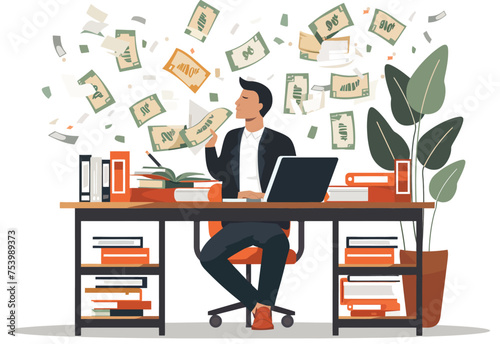 a man sitting at a desk surrounded by money