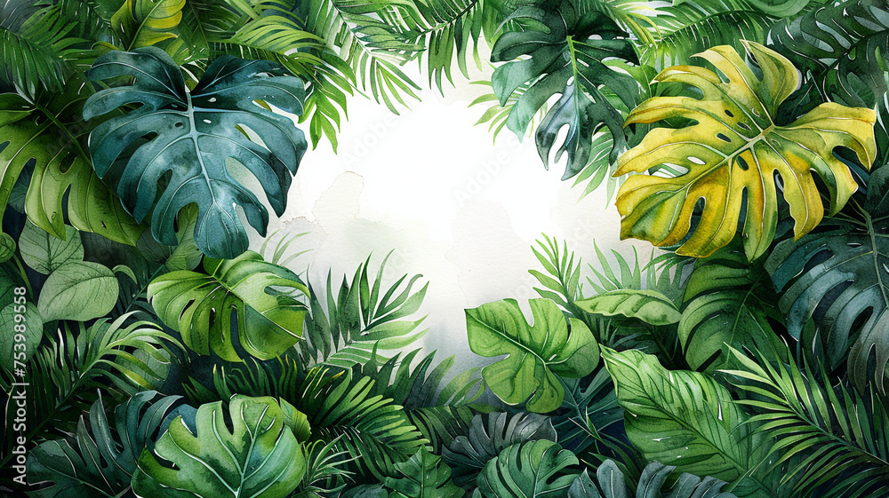 Watercolor banner tropical leaves and branches isolated Watercolor banner tropical leaves and branches isolated