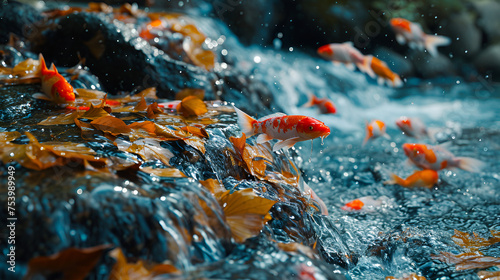 autumn leaves on the water, Goldfish swimming in a pond in the early morning with sun rays, Fishes go for spawning upstream