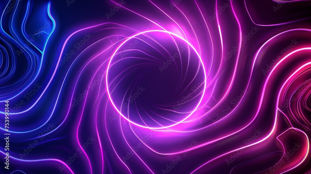 Neon glowing circles with abstract waves on a dark retro background Neon glowing circles with abstract waves on a dark retro background