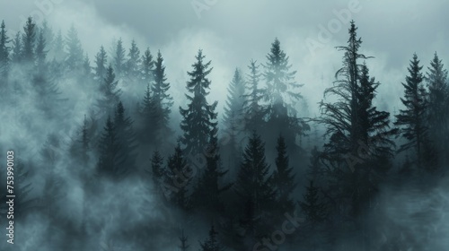 Mysterious fog over a dark grey forest landscape © furyon