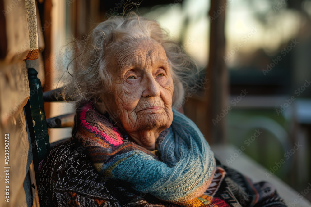 A hyperrealism portrait of an elderly woman with wispy gray hair, wearing a colorful scarf and sitting in a rocking chair on a porch. A hyperrealism portrait of an elderly woman with wispy gray hair, wearing a colorful scarf and sitting in a rocking chair on a porch.