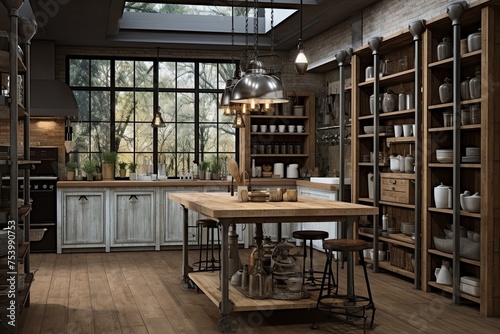 Industrial Light Fixtures   Rustic Wood Cabinets   Metal Shelves  Stylish Kitchen Concepts