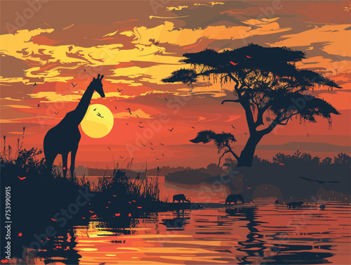 Giraffe in water at sunset, under red sky, in natural landscape