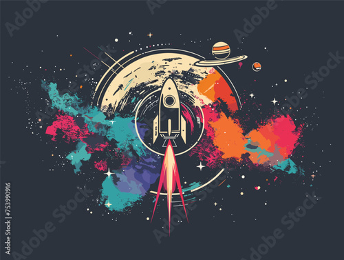 a colorful painting of a rocket flying through space