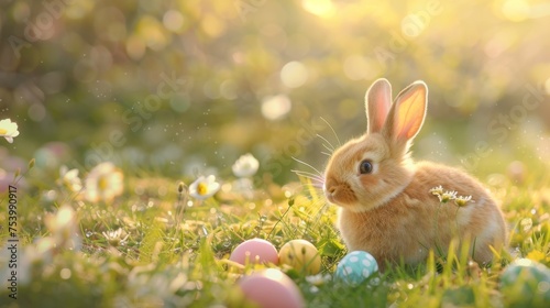 Springtime Easter bunny with eggs in a meadow