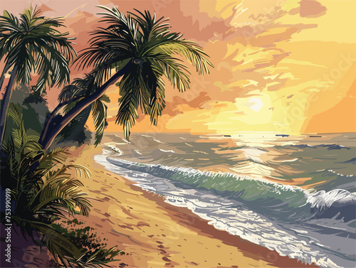 Sunset view of a beach with palm trees, creating a picturesque natural landscape