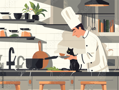 Chef cooking in kitchen with black cat, houseplant on table