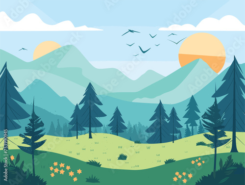 Cartoon illustration of a mountain landscape with trees and clouds in the sky