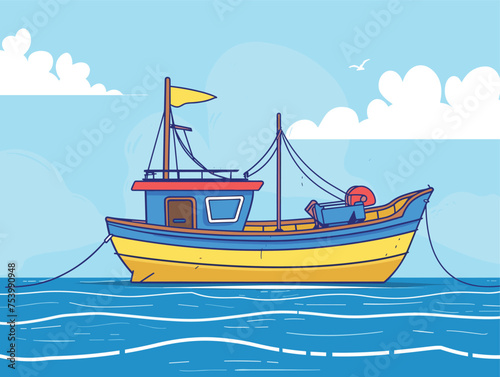 An art piece of a boat in the ocean under a cloudy sky
