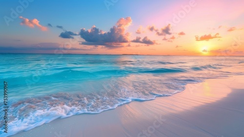 Sunset coral and ocean blue serene beach evening