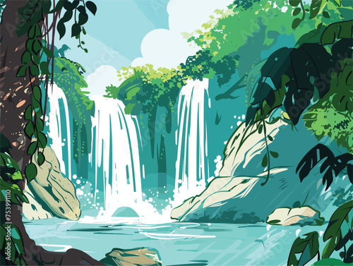 Waterfall flows through green forest, creating a picturesque natural landscape