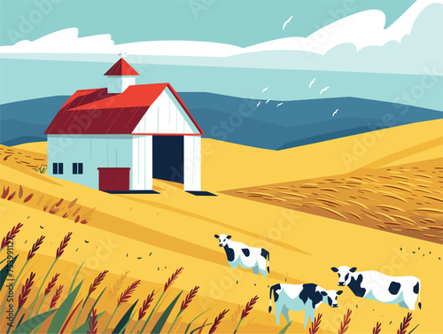 Two cows graze in a grassy field in front of a red barn under a vast blue sky