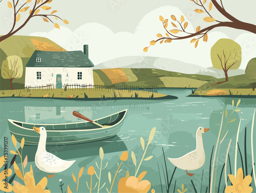 a boat is floating on a lake with ducks and a house in the background