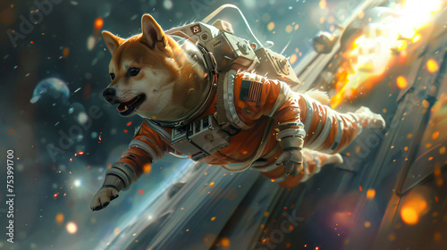 A spirited Shiba Inu in an astronaut suit joyfully rocketing to the moon stars twinkling in its wake