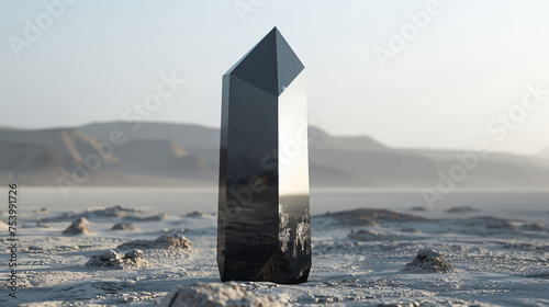 Against a sleek gray backdrop a desert landscape unfolds with a 3D rendered black crystal icon sidelit for depth embodying premium protection © Pornarun