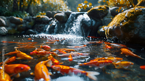 waterfall in the forest, Beautiful koi fish in pond in the garden
