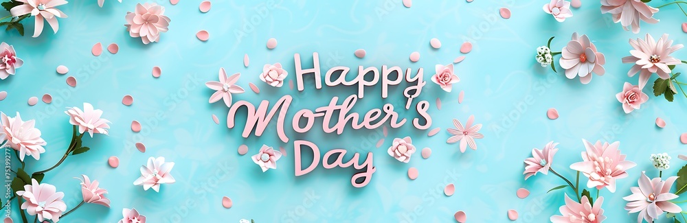 Happy Mother's Day written in pink with flowers around and on the edges on an abstract turquoise background Happy Mother's Day written in pink with flowers around and on the edges on an abstract turquoise background
