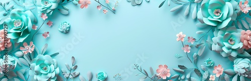 Banner with turquoise background and flowers around with space for writing in the middle photo