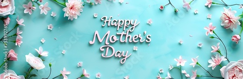 Happy Mother's Day writing shaded with flowers around and turquoise background #753992765