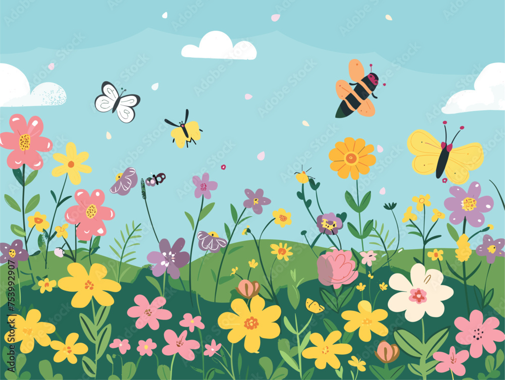 Colorful flowers, butterflies, and bees flitting in a summer meadow