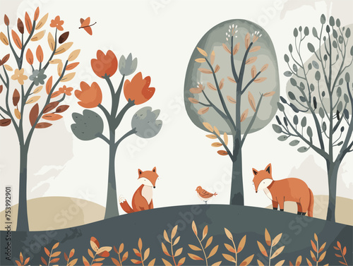 A fox and a bird in a forest with trees, surrounded by natures organic beauty