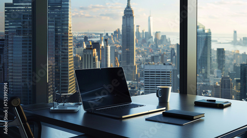 laptop on a desk, with a cup of coffee and a city skyline in background