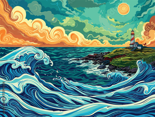 Artistic portrayal of a lighthouse on an island in azure waters