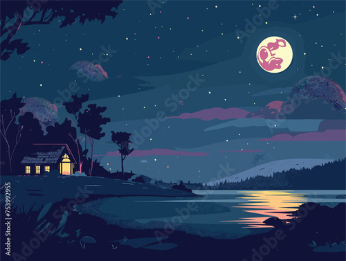 A full moon illuminates a lake with a cabin under a starry midnight sky
