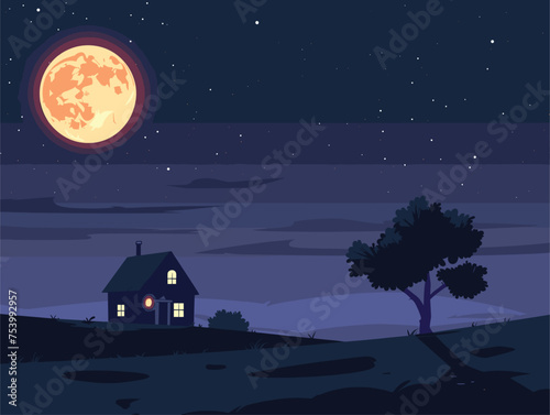 Atmospheric phenomenon Full moon shining over house and tree in midnight sky