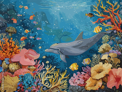 A dolphin swims gracefully over colorful coral reef in underwater painting