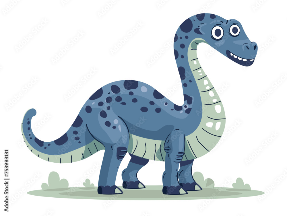 Cartoon illustration of a blue dinosaur standing in the grass