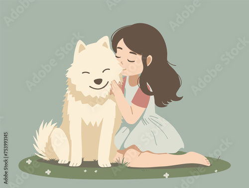 Girl shares a happy moment with a white dog in a cartoonstyle art