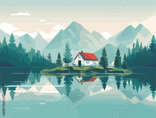 House on island in lake w mountains, trees, snow, sky