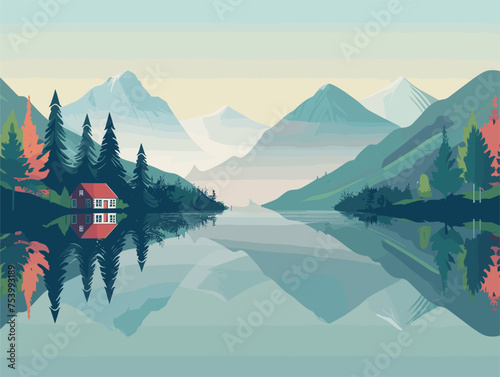 A house surrounded by mountains in the middle of a lake