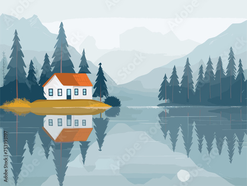 House on a lake island, surrounded by trees, in a serene natural landscape